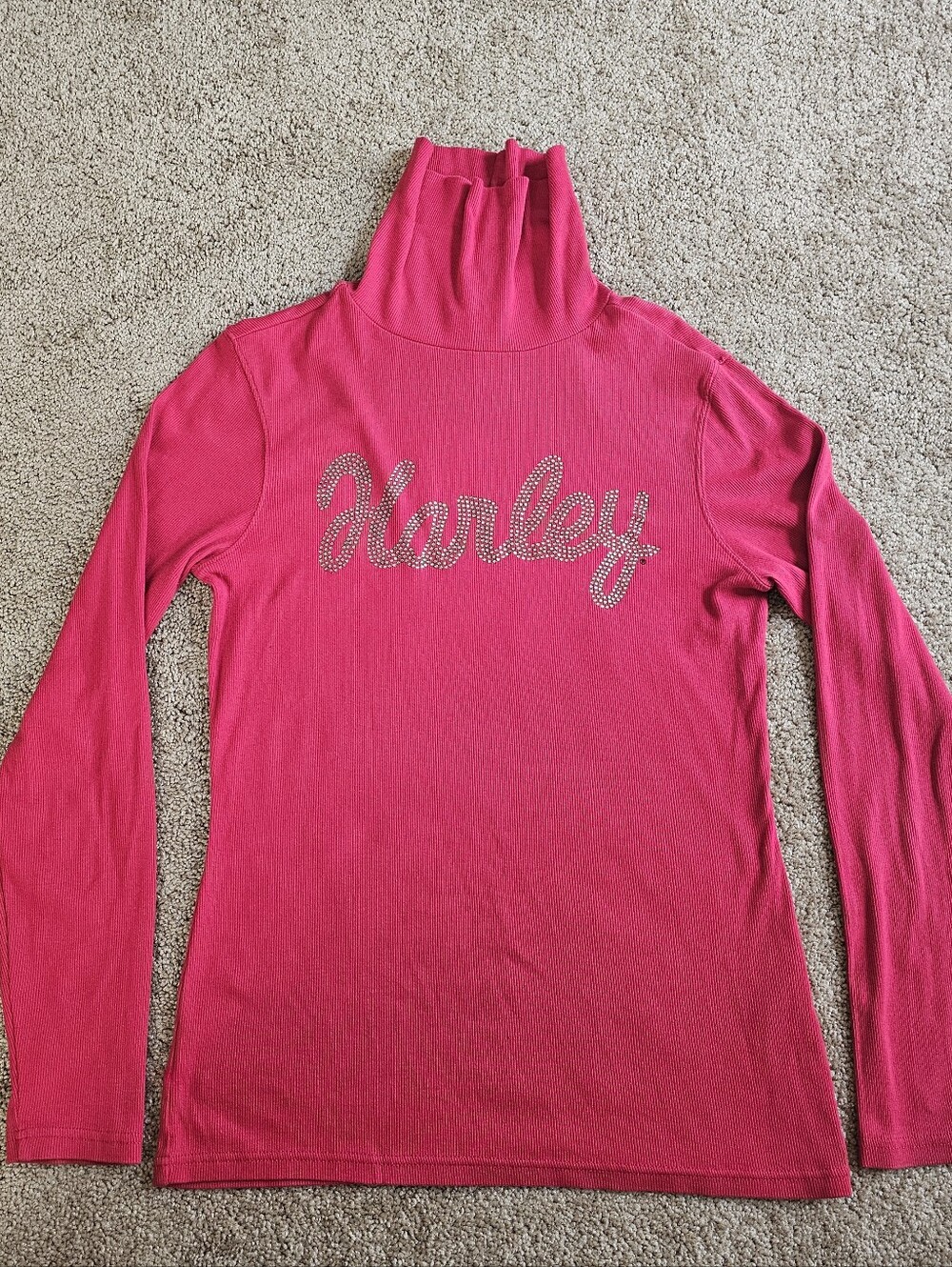 Harley Davidson Rhinestone Turtleneck Rib Long Sleeve Turtleneck Stretchy Red L